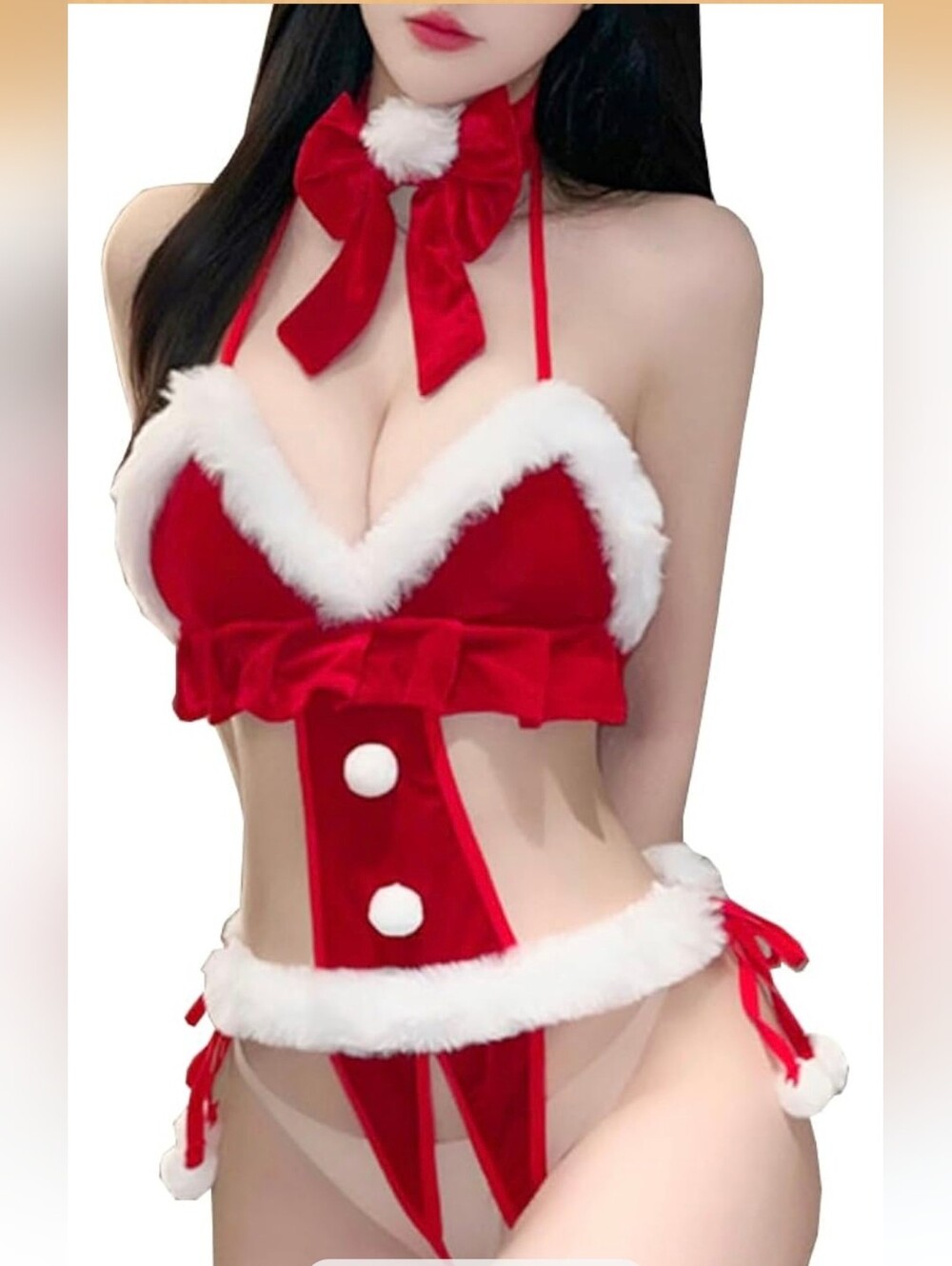 SNOMYRS Women Sexy Christmas Lingerie Bodysuit with Fuzzy Trim Mrs Claus Costume